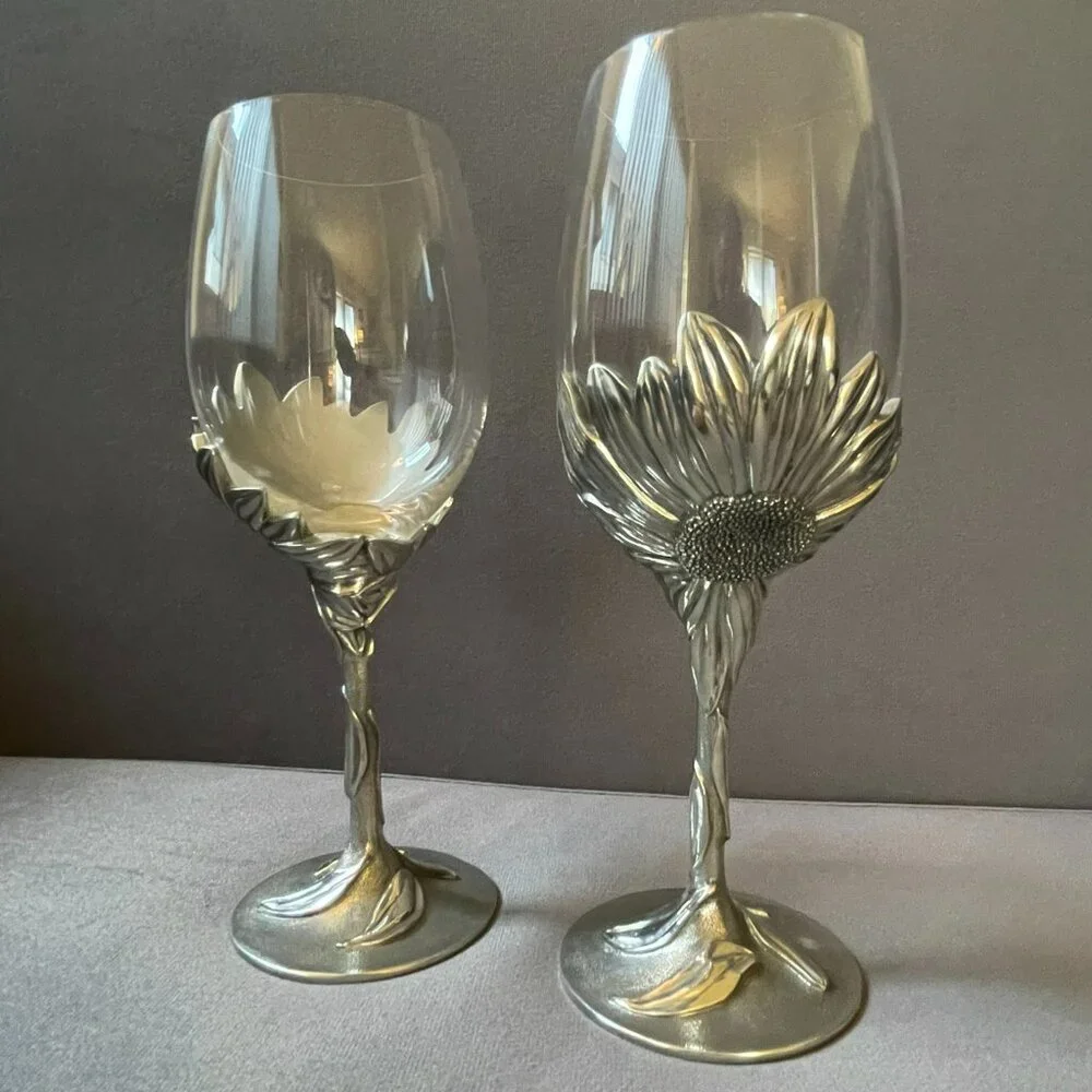 🌻 Vintage Royal Selangor "Sunflower" Pewter & Glass 18-Piece Goblet Set - Picture 3 of 6